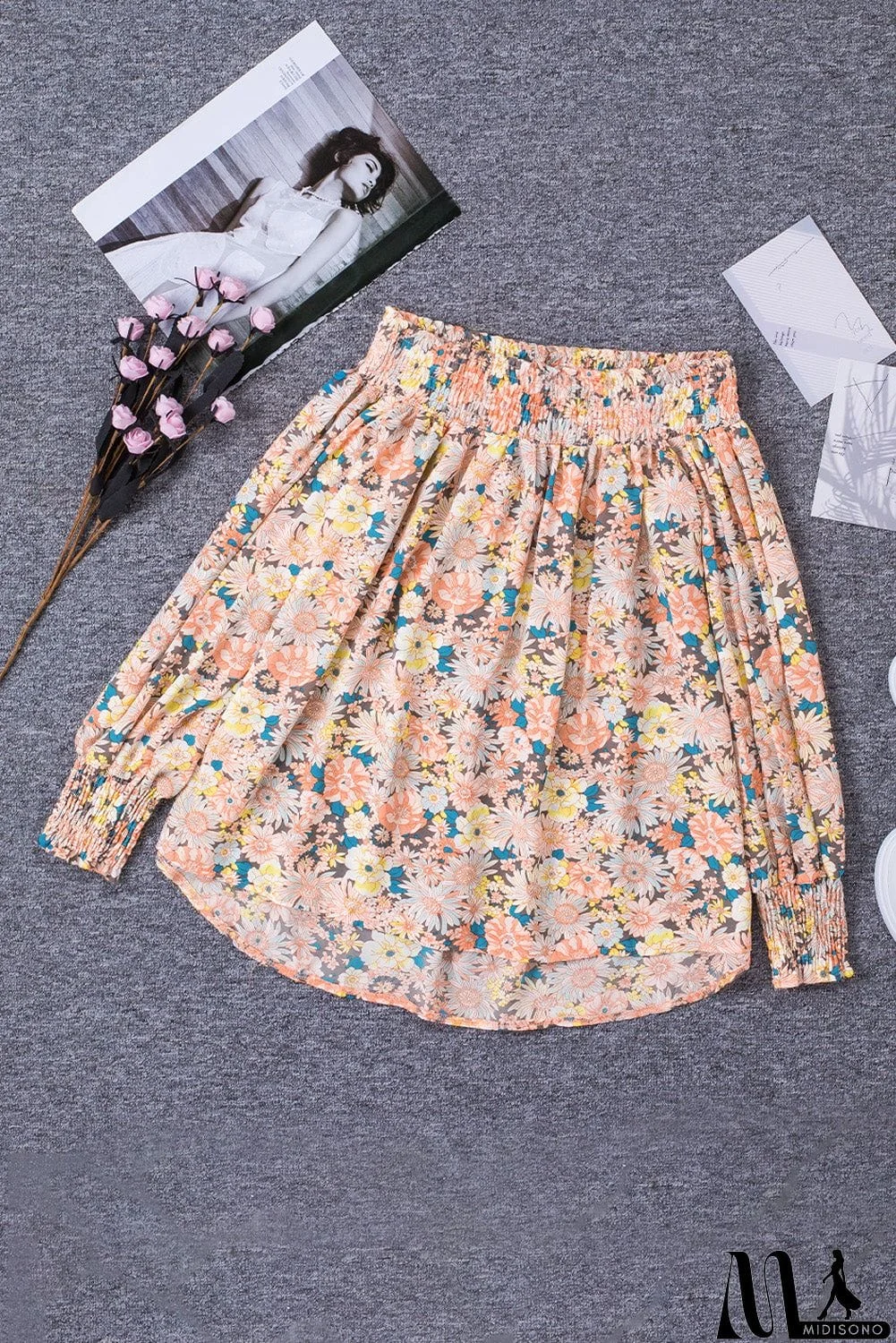 MidiSono - Off The Shoulder Smocked Floral Top