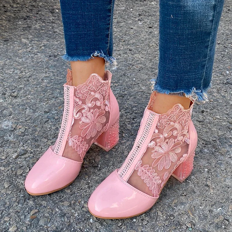 Sexy Black Mesh Embroider Ankle Boots For Women Summer 2022 Crystal Square Heels Boots Woman Round Toe Lace Short Botas