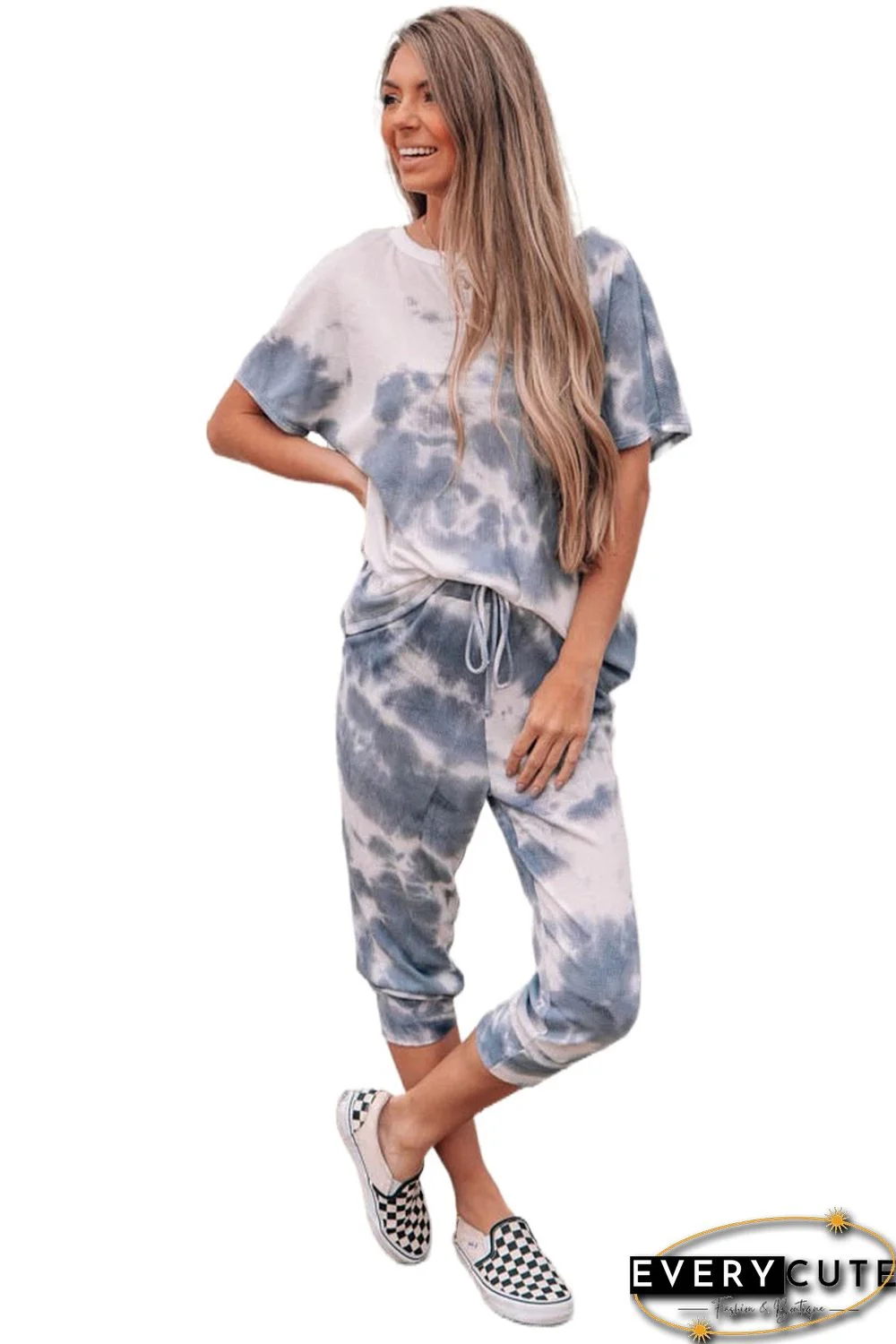 Tie-dyed Short Sleeve Top and Elastic Waist Pants Set