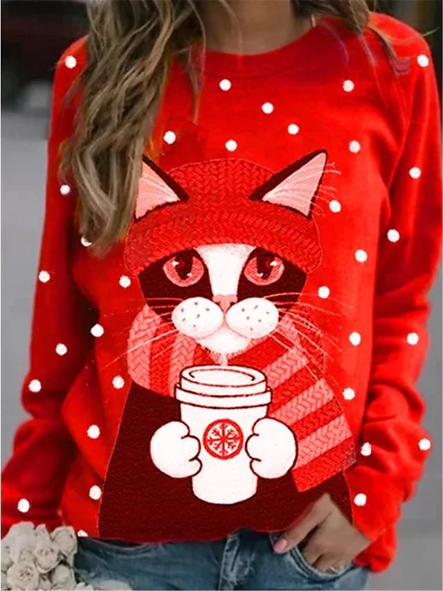 Cute Christmas cat print sweatshirt