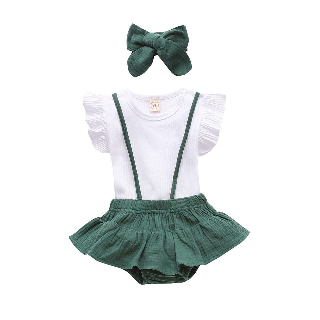 2021 Baby Summer Clothing 3Pcs Newborn Casual Outfits Toddler Solid Color Fly Sleeve Round Neck Top + Suspender Skirt + Headband