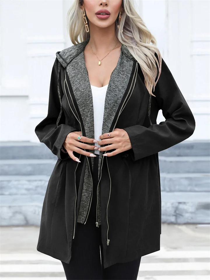 Women's Casual Waisted Double Zipper Clash Color Jacket Medium Long Sleeve Long Sleeve Hooded Windbreaker-Cosfine