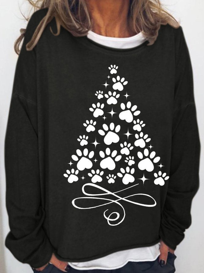 Women's Christmas Tree With Paws Crew Neck Casual Sweatshirt