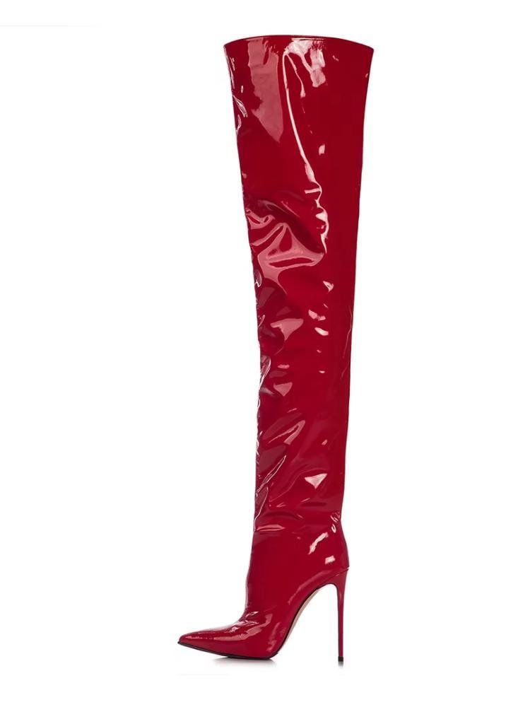 Shiny Wide Shaft Pointed Toe Stiletto Heel Thigh-High Boots Pumps