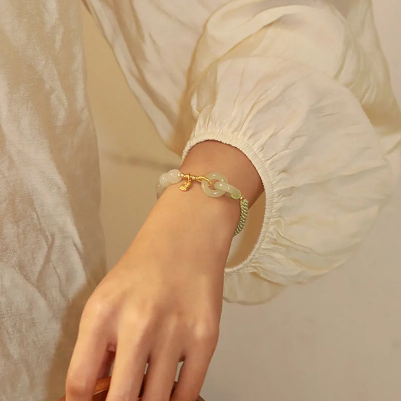 Natural Hetian Jade Bead Double Peace Buckle Fu Character Abundance Braided Bracelet