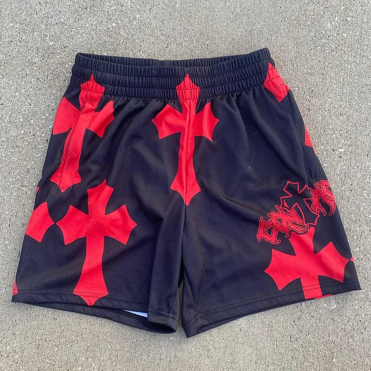 Personalized Cross Print Mesh Zipper Pocket Shorts