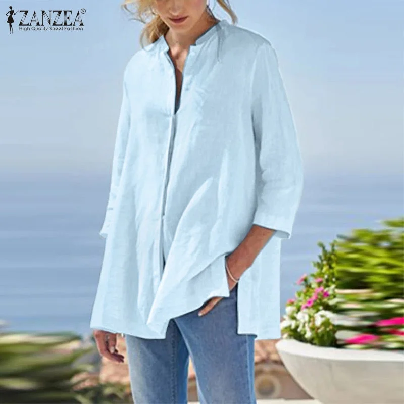 Oversized ZANZEA Women Elegant 3/4 Sleeve Buttons Down Shirt Casual Summer Thin Blouse Work Blusas Female Solid Loose Tops Tunic