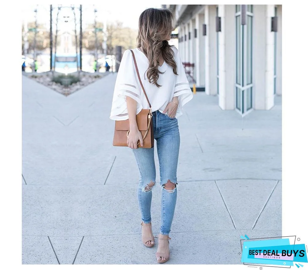 Women V Neck Flared Sleeves Mesh Patchwork Plus Size Casual Loose Mesh Blouse Tops