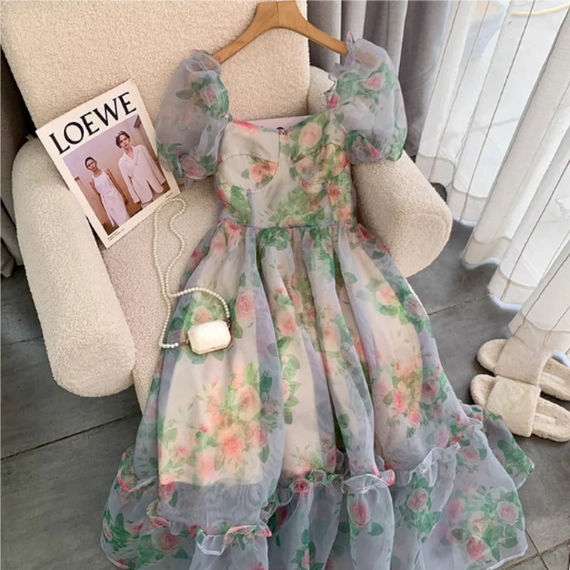 Aiertu Floral Print France Vintage Dress Women Tierred Designer Y2k Princess Sweet Midi Dress Female Korean Fashion Dress Summer 2024 Aiertu