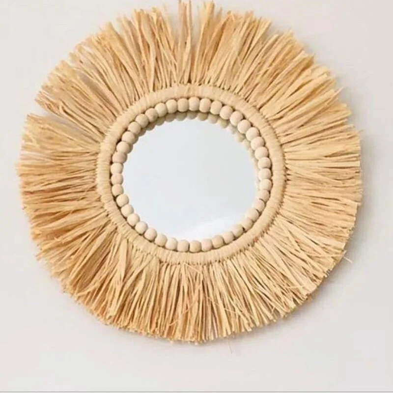 INS Moroccan Wood Bead Straw Woven Mirror Wall Ornaments Living Room Background Bedroom Mirrors Boho Homestay Home Decor Crafts
