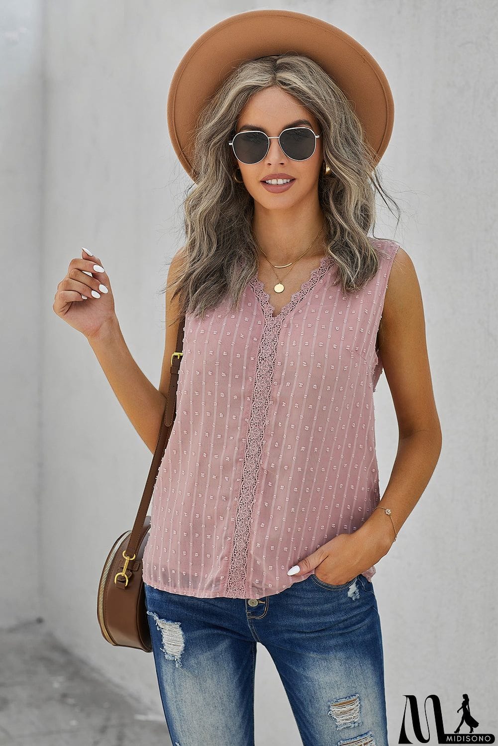 MidiSono - Crochet V Neck Textured Tank Top
