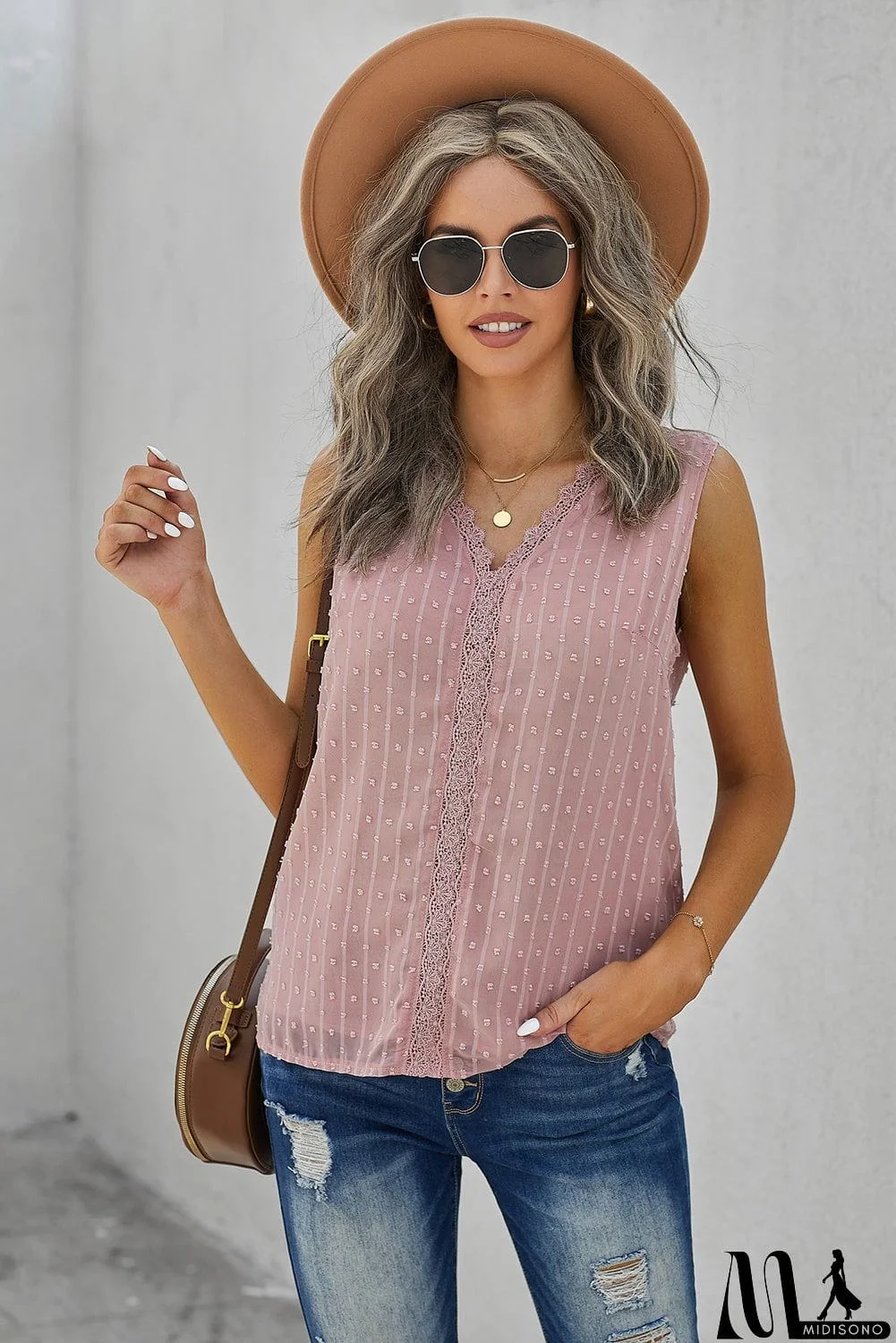 MidiSono - Crochet V Neck Textured Tank Top