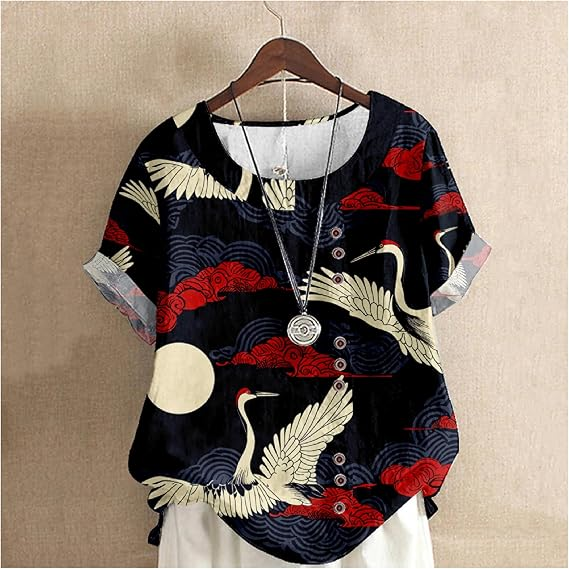 Women'S Elegant Watercolor Crane Pattern Cotton And Linen Short Sleeve Top