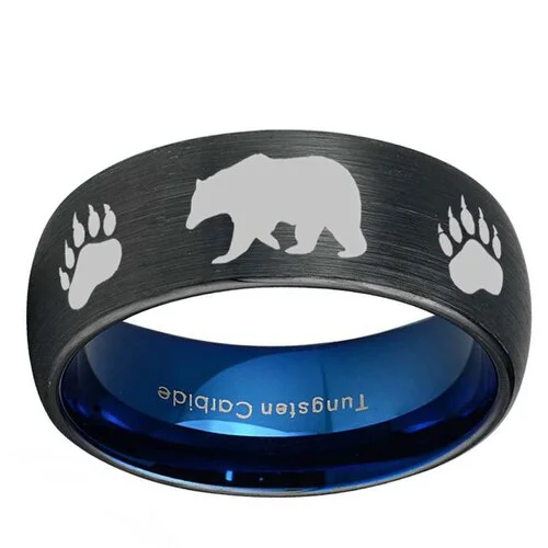 Women's Or Men's Hunting Ring / Bear Crossing Wedding Band Rings,Black Tungsten Carbide Band with Bear Walking and Paw Prints Laser Design,Domed Top Inner Blue Hunter's Wedding Band Ring With Mens And Womens For Width 4MM 6MM 8MM 10MM