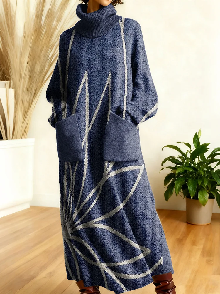 Women's Retro Flowers Geometric Patchwork High-neck Long-sleeve Casual Loose Knit Dress