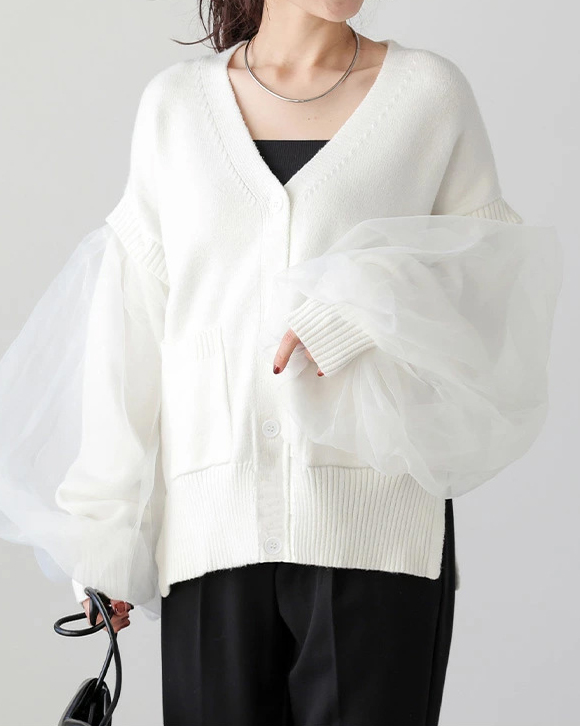 Sheer Tulle Puff Sleeve Patchwork Knit V Neck Button Cardigan