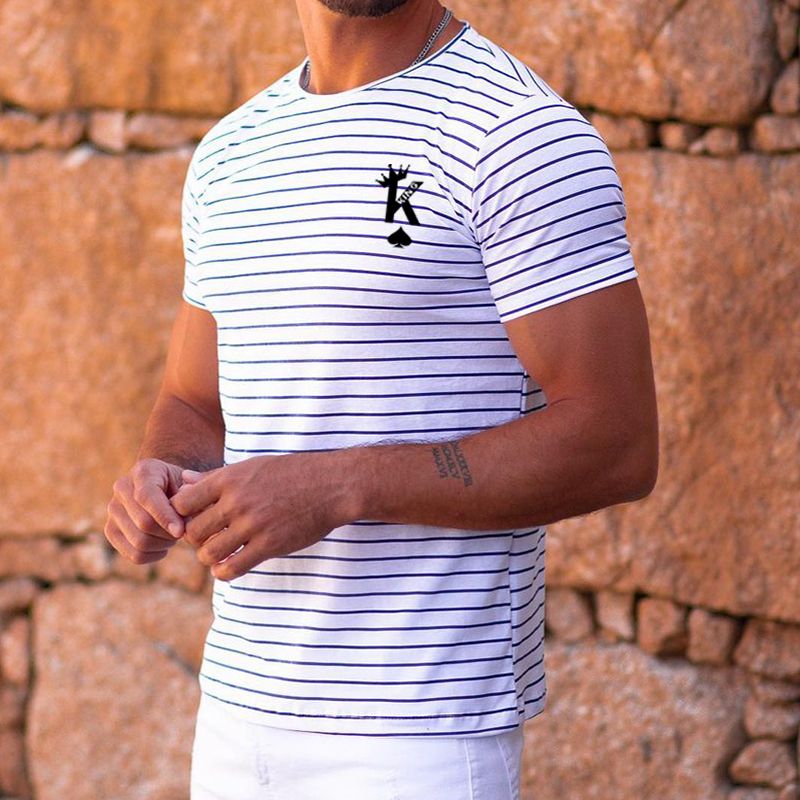 Men's Fashion K Print Striped Slim Fit T-Shirt