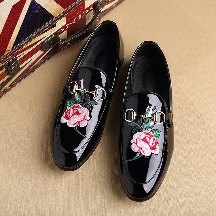 PU Leather Floral Embroidery Buckle Pointy Toe Casual Flat Loafers Shoes