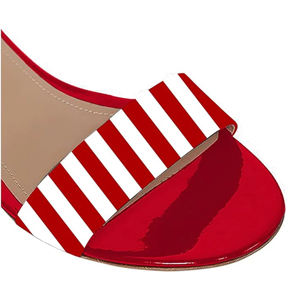 Patent Leather Red & White Stiped Round Toe Ankle St5ap  Flats