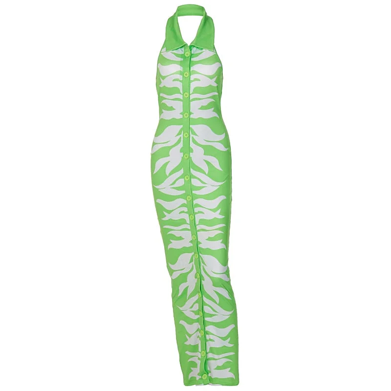 Hawthaw Women Autumn Halter Bodycon Printed Green Long Pencil Dress Streetwear Wholesale Items For Business 2021 Fall Clothes