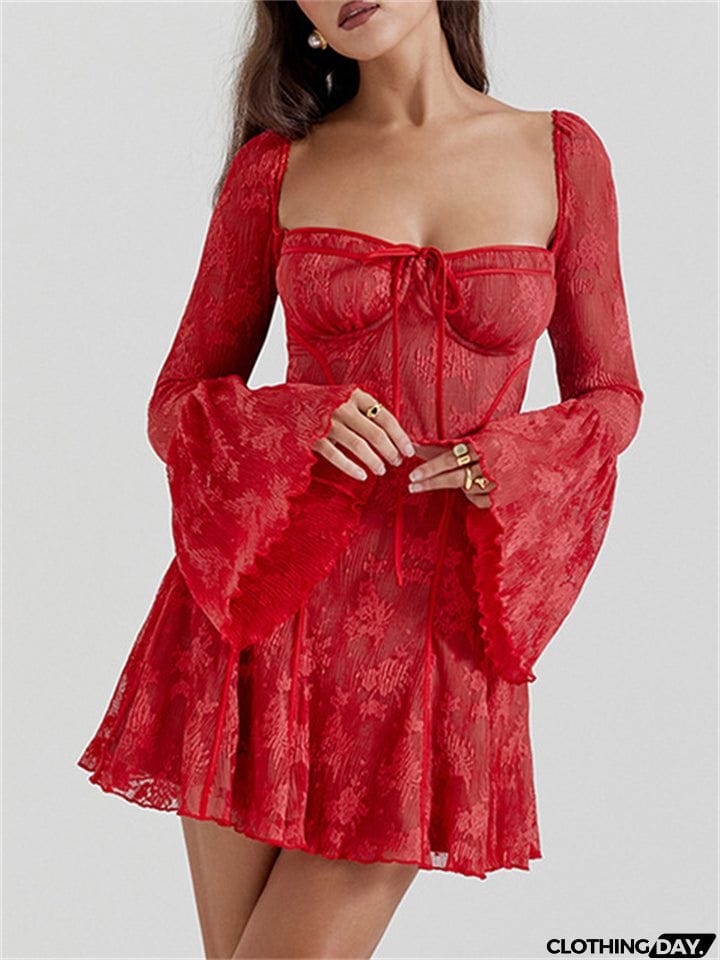 Flared Sleeve Ruffle Sexy Lace Dress for Ladies