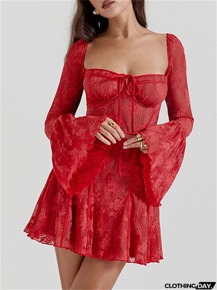 Flared Sleeve Ruffle Sexy Lace Dress for Ladies