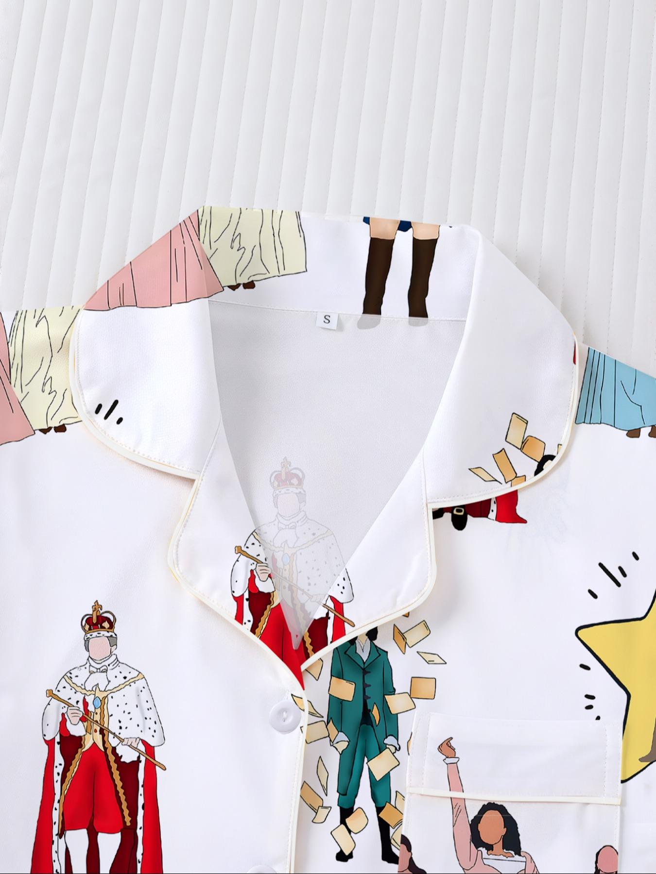 Hamilton Musical Print Women's Pajama Set, Long Sleeve Shirt Collar Button Soft Top & Elastic Pants, Casual Home Wear Loungewear Homewear