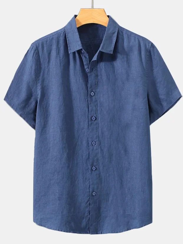 Men's Cotton Linen Casual Solid Color Daily Short Sleeve Shirt