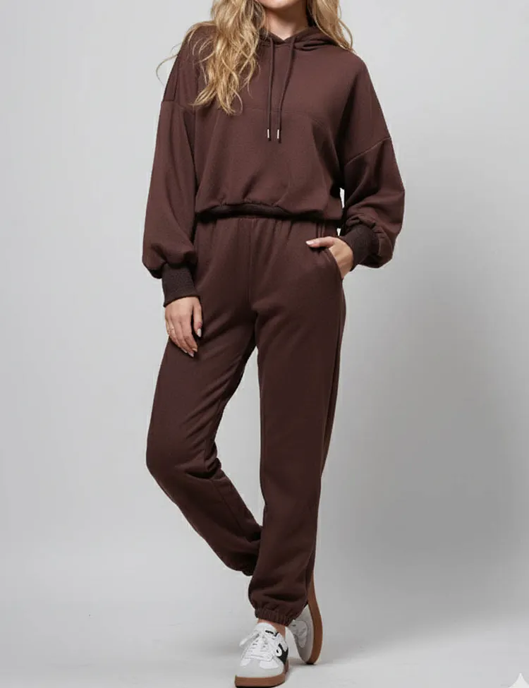 Ladies Solid Color Top and Pant Hoodie Daily Set 9261