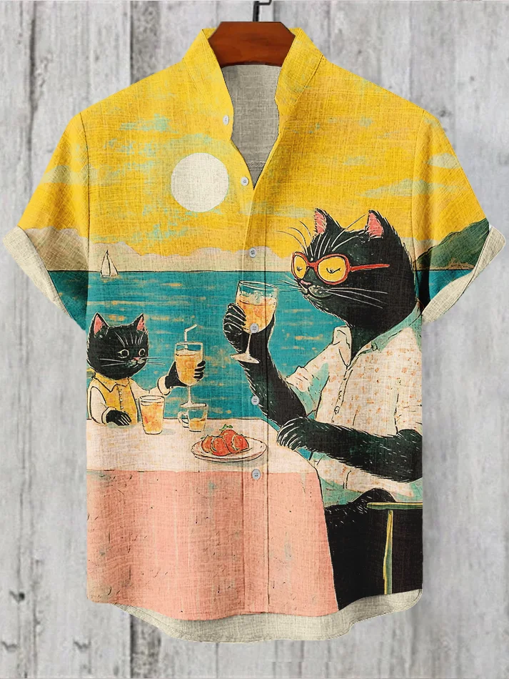 Men's Cats Spend Happy Mother's Day By The Sea Print Casual Shirt