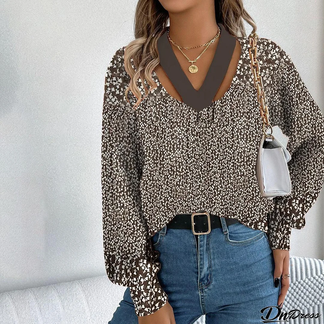 Brown V-Neck Long Sleeve Top