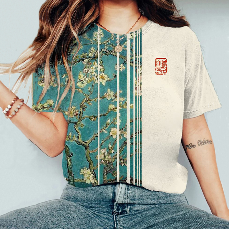 Comstylish Japanese Plum Blossom Floral Art Print Color Block T-Shirt