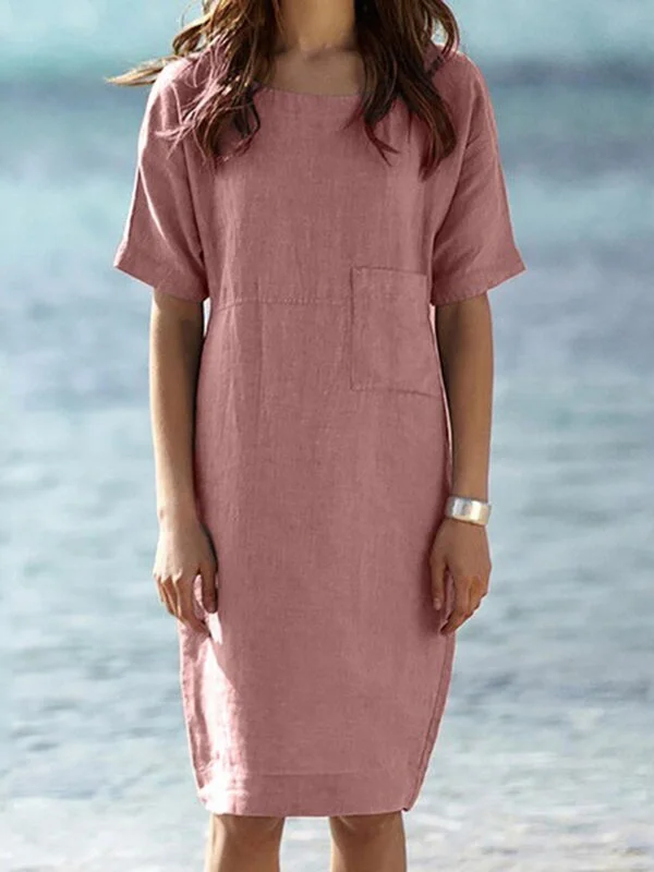 Ladies Short Sleeve O-neck Loose Dress With Pockets