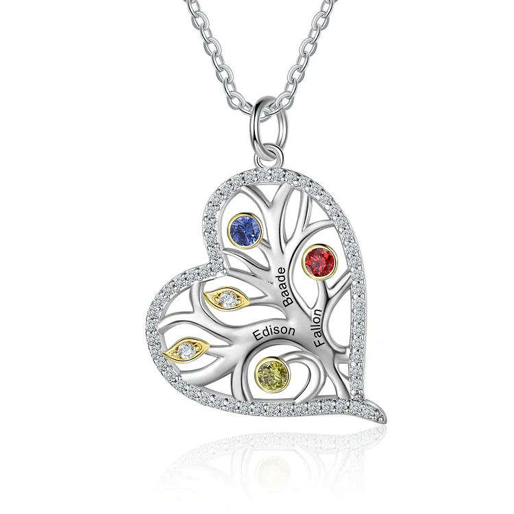 Personalized Tree of Life Birthstone Necklace Custom 3 Names for Family