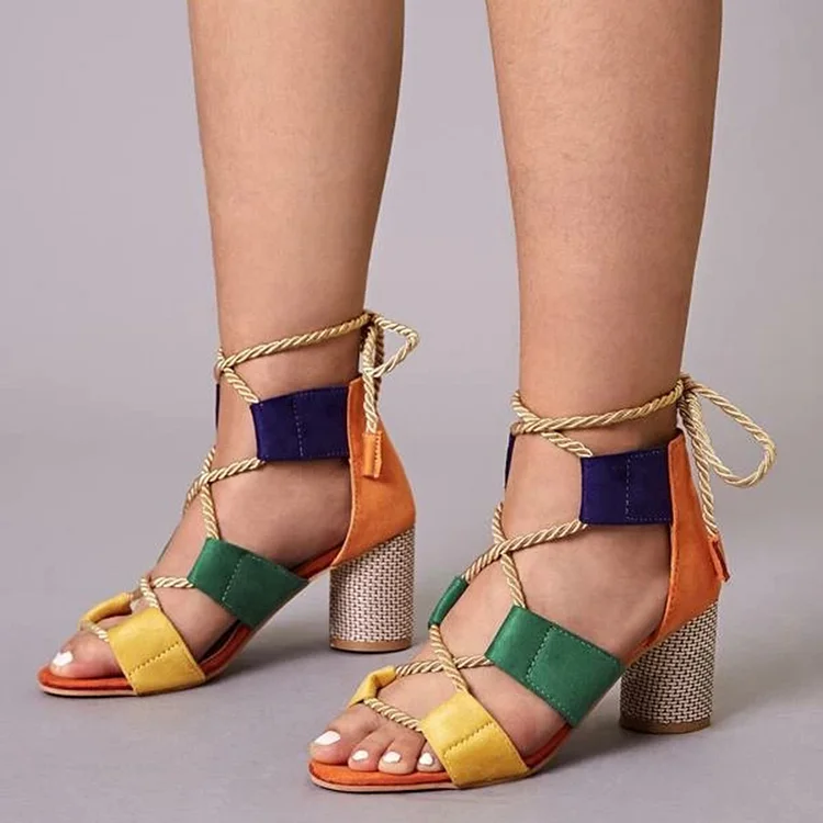 Multicolor Strappy Sandals Women's Chunky Heels Lace Up Shoes |FSJ Shoes