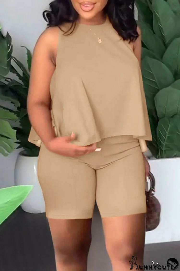 Khaki Casual Solid Basic O Neck Sleeveless Two Pieces