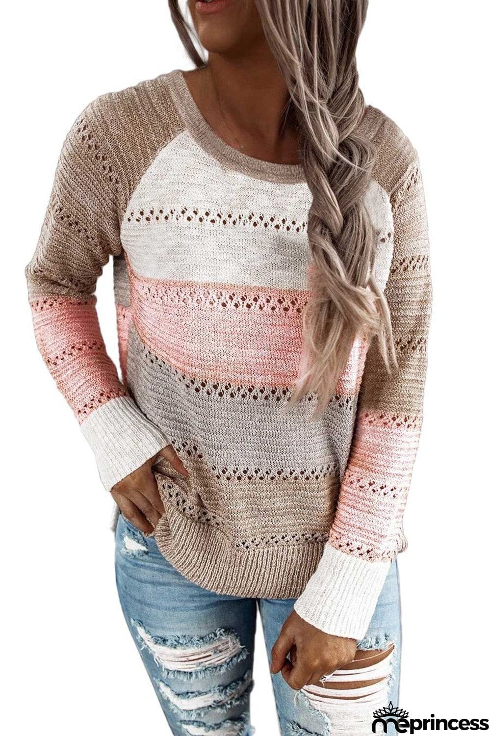 Multi-color Knitted Color Block Long Sleeve Crew Neck Sweater