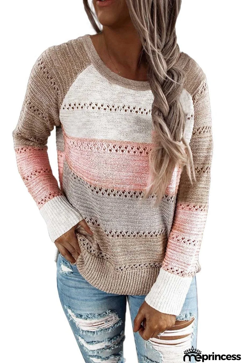 Multi-color Knitted Color Block Long Sleeve Crew Neck Sweater