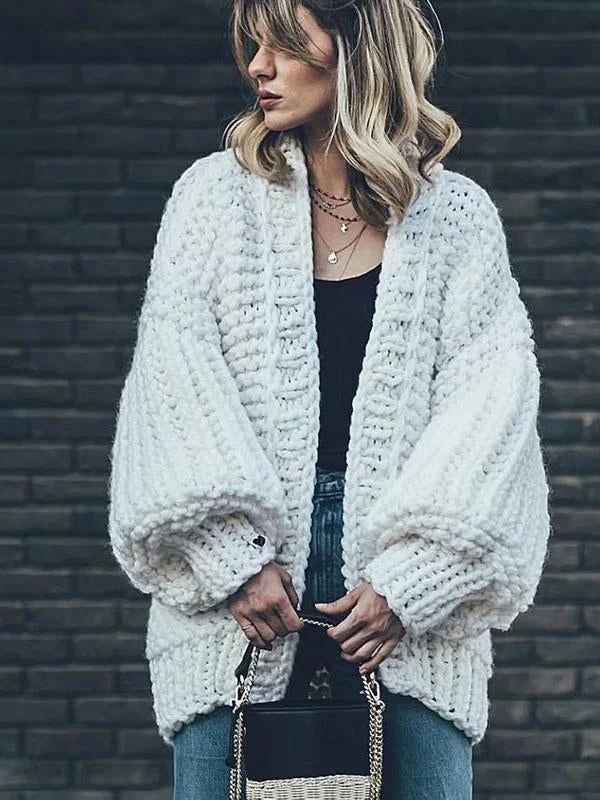 Fashion Knitting Solid Color Long Puff Sleeves Sweater | EGEMISS