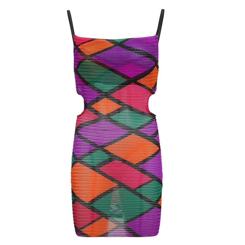 BIIKPIIK Elegant Net Backless Lace Up Short Dress Female Geometric Print Stitching Slim Vintage Dresses Women Sexy Beach Clothes