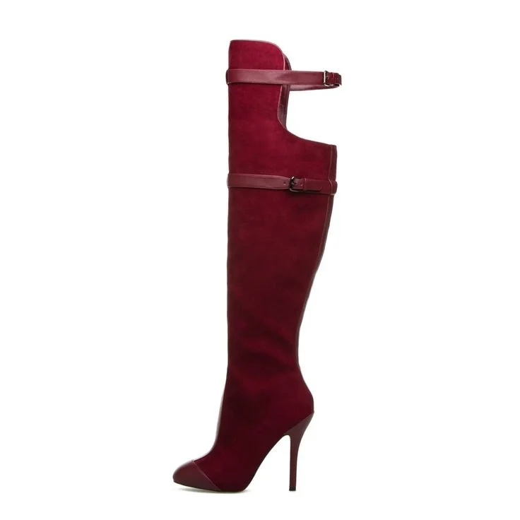 Maroon Suede Knee-high Stiletto Boots for Women Vdcoo