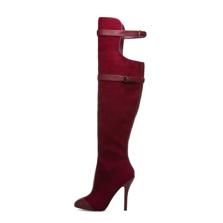 Maroon Stiletto Boots Suede Knee-high Boots for Women |FSJ Shoes
