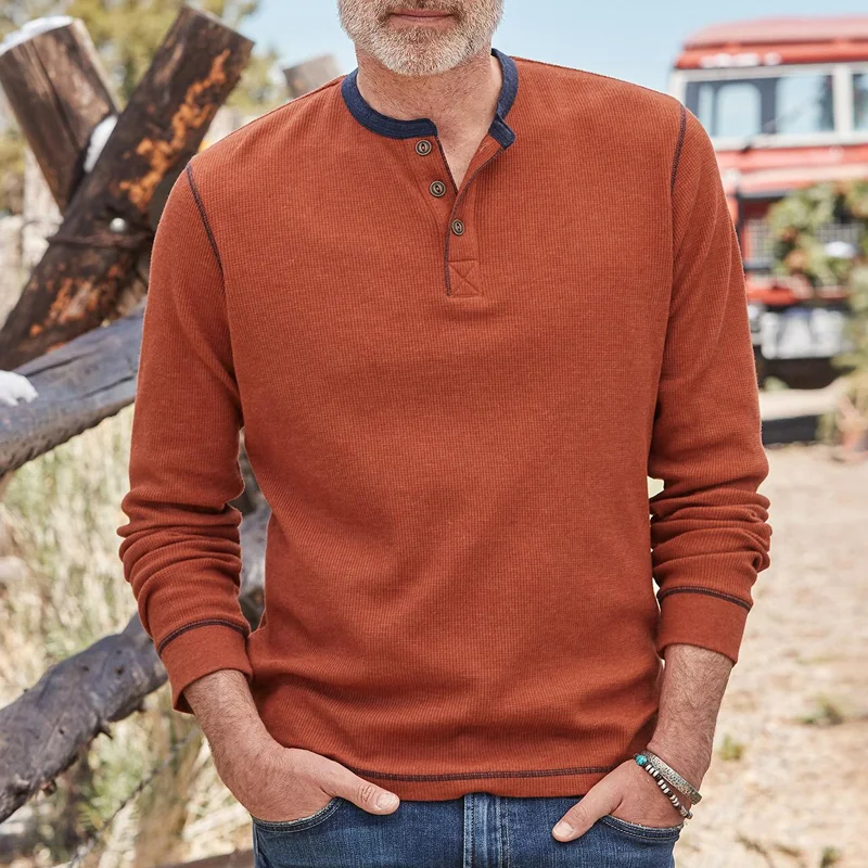 Simple Waffle Knit Warm Henley Long Sleeve Casual Shirt