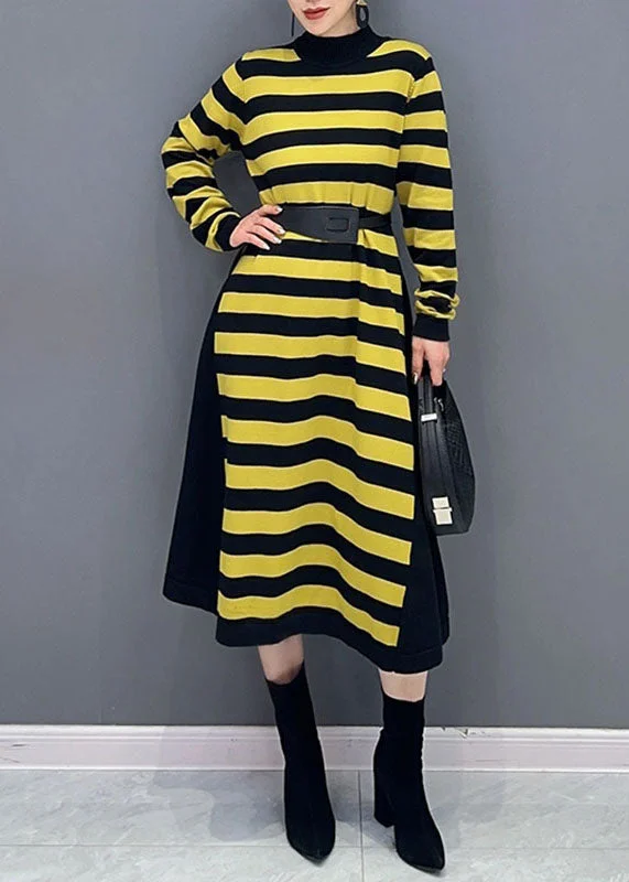 Bohemian Yellow O-Neck Striped Patchwork Party Maxi Dress Long Sleeve