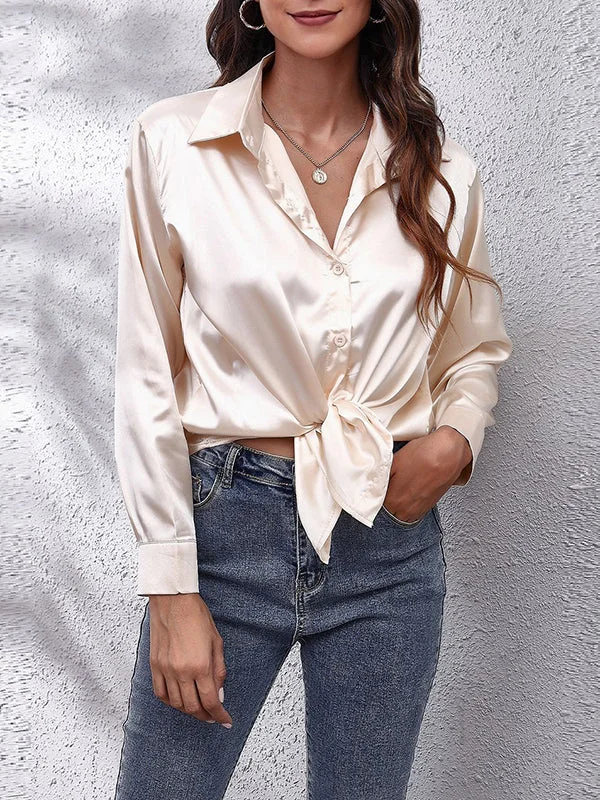 Solid Color Long Sleeves Loose Lapel Blouses