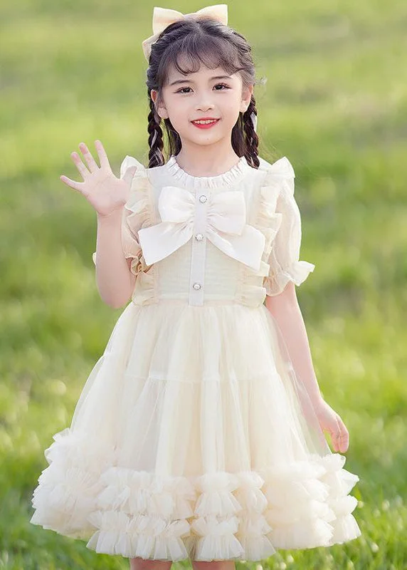 Elegant Champagne Bow Patchwork Button Tulle Girls Long Dress Short Sleeve