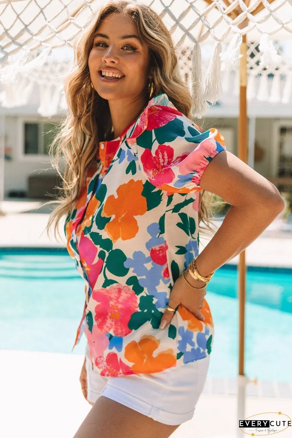 Floral Fantasy Puff Sleeve Blouse with Ruffle Detail