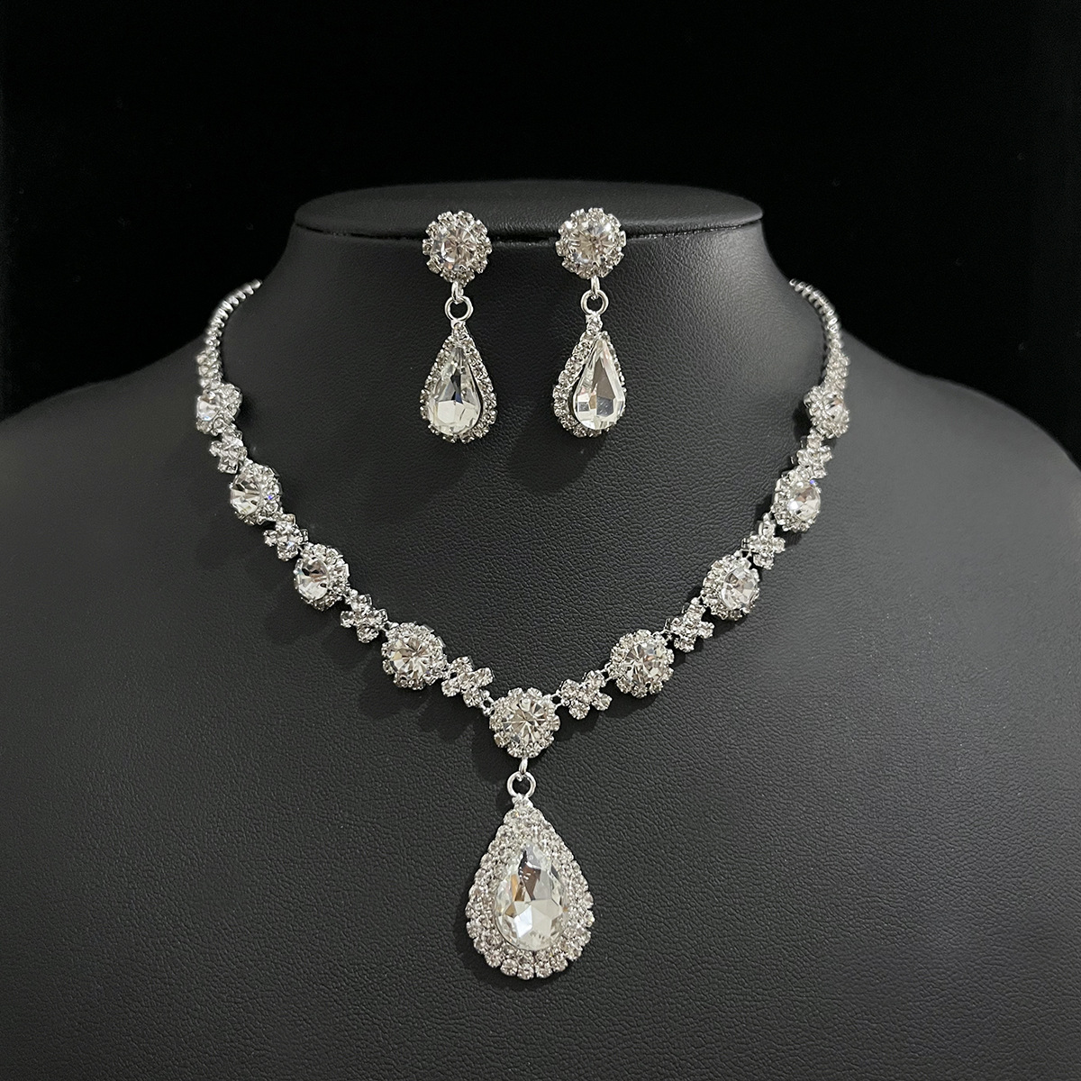 Banquet White Water Droplet Rhinestone Necklace Earrings Bracelet Three Piece Jewelry Set 2024 - Flycurvy 