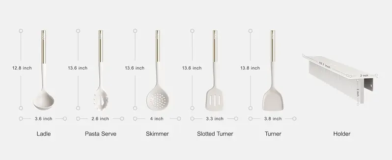 Product Introduction of OOU Magnetic Silicone Cooking Utensils Set with Wall Rack. 6 Pcs Kitchen Utensils Sets for Cooking with Stainless Steel Handle. Heat Resistant 446°F. Non-Scratch for Nonstick Cookware. BPA-Free 5