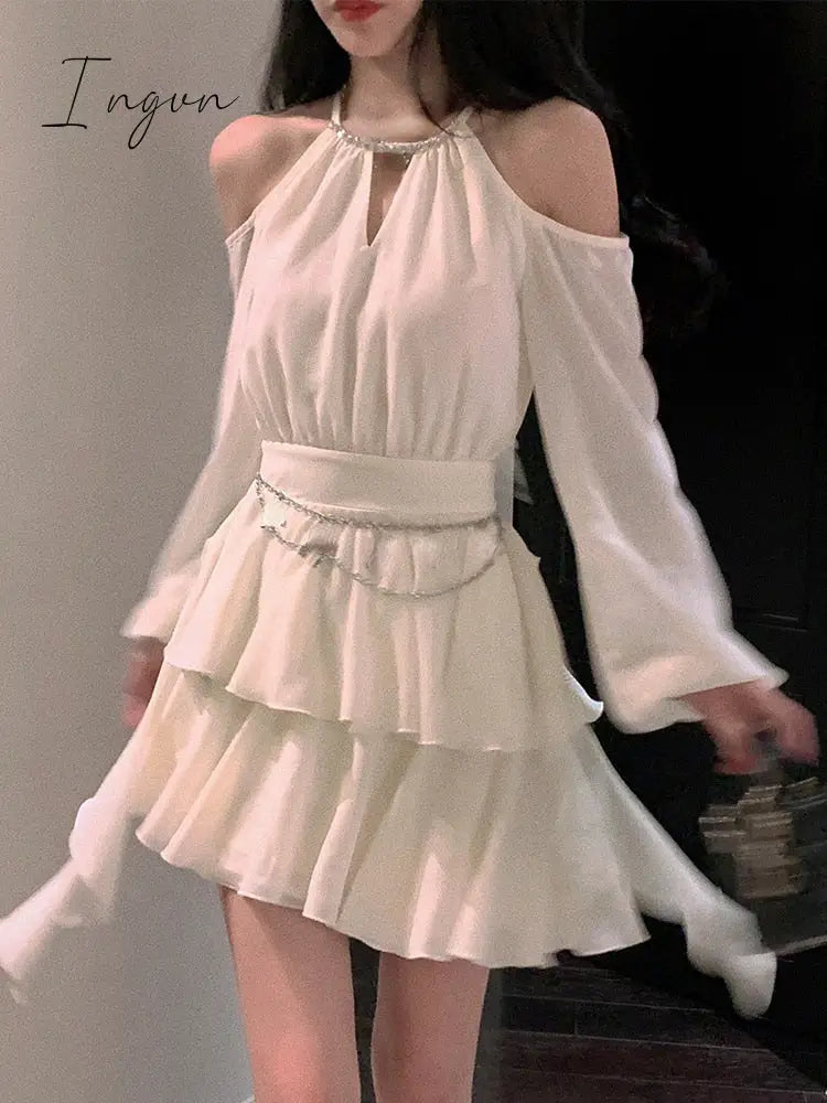 Ingvn - Autumn Fairy Pure Color Short Party Dress Korean Fashion Elegant Mini Woman Design Casual